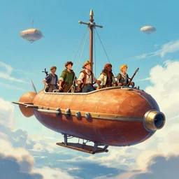 A group of adventurers on an airship that flies in the sky, artstation