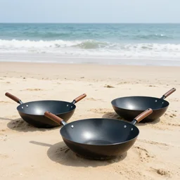 three woks, each with the approximate dimensions of 50cm long and 30 cm wide, placed on a sandy beach, with ocean in the background, photorealistic, 8k