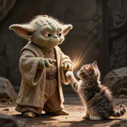 Jedi master yoda teaching a kitten how to use the force,