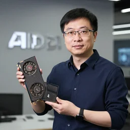 Jensen Huang holding an AMD GPU