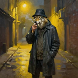 wolf detective in a raincoat and a hat standing in a empty alley, smoking a cigarette, being illuminated by yellow street lights behind. oil painting. trending on artstation.