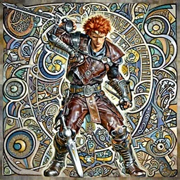 character, strong fighter in leathers, ginger hair, male, dynamic action pose, D&D, fantasy, intricate, rugged, stern expression, highly detailed, digital painting, artstation, octane render, concept art, matte, sharp focus, illustration, hearthstone, art by Artgerm and Greg Rutkowski and Alphonse Mucha