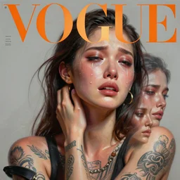 3 d, close - up, crying fashion model with tattoo, vogue cover style, poster art, high detail, intricate oil painting, multiple exposure, hyperrealism, 3 d, by tooth wu and wlop and beeple and greg rutkowski