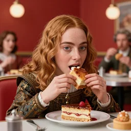 medieval jan van eyck closeup face portrait of a tin toy emma stone eating cakes in a 1 9 5 0 s diner, nicoletta ceccoli, mark ryden, lostfish, max fleischer, depth of field, detailed and intricate red square environment, 8 k resolution, hyperrealistic, octane render