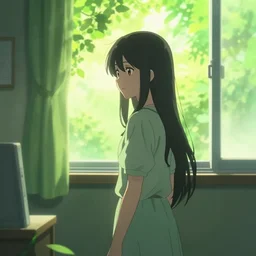 anime background of a girl ’ s room, strong lighting, green decorated, lighting on leaves, focus on window, medium shot, concept art, by artstation artist.