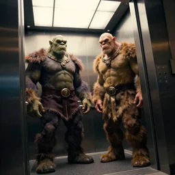 a two-shot angle of two fantasy ogre standing in an elevator