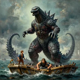 wet slimy godzilla attacking the raft of the medusa, painting by lawrance alma - tadema by roger corman by richard corben by rick baker, 4 k, hyper - realistic, highly detailed