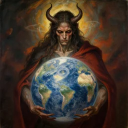 evil and suffering being transformed into goodness, life, and peace. atlas holds a world of suffering, but beneath him is a world of peace | epic painting