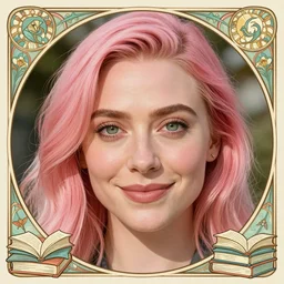 portrait of a slightly puffy elizabeth olsen with pink hair, smiling, hyper realistic beautiful green eyes, decorative art nouveau border, detailed book illustration, sunny, dreamlike art, realistic shaded, smile, good looking, fine details, 4 k realistic, ultra realistic shaded lighting poster by greg rutkowski, magali villeneuve, artgerm, jeremy lipkin and michael garmash and rob rey