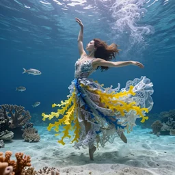 woman dancing underwater wearing a long flowing dress made of many translucent layers of silver and blue lace seaweed, bolts of bright yellow fish, caustics lighting from above shines on the delicate coral sea and sandy bottom, swirling silver fish, swirling smoke shapes, octane render, cinematic, hyperdetailed