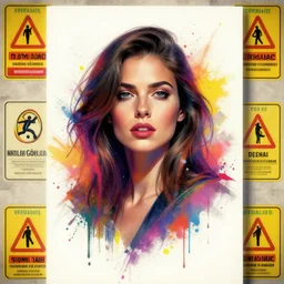 digital art, concept design for a portrait of a woman, colourful spray paint splatters, health and safety decals, cinematic, by francoise nielly