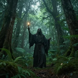 A transcendal being having a ritual in a mysterious and lush forest, sci-fi, dark fantasy, wide shot