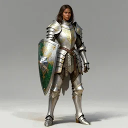 full body portrait of a rugged female warrior dark skin medium length brown hair and a very highly detailed face wearing elegant white, green and gold plate mail armor intricately painted, holding a huge shield, very highly detailed, artstation, realistic character concept artgerm, sharp focus, by greg rutkowski, and magali villeneuve