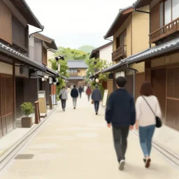 drawing of people walking away down old japanese street, moebius, blurry people slow shutter