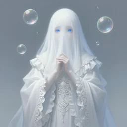 portrait of white ghost, fantasy, gradient white blue grey, dreamy and ethereal, blue eyes, golden ratio, peaceful expression, ornate frilly dress, fantasy, intricate, elegant, rainbow bubbles, highly detailed, digital painting, artstation, concept art, smooth, b sharp focus, illustration, art by artgerm and greg rutkowski and alphonse mucha