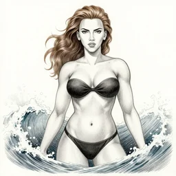 muscular scarlett johansson as possidon in the sea, pencil and ink, afro samurai anime style, black and white, dramatic lighting, soaking wet, heavy rain!