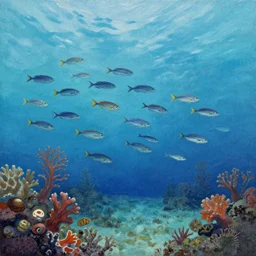 swarm of fish, coral reef, scratch painting