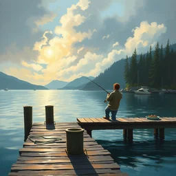 ryan reynolds fishing from a pier in vancouver, painted by bob ross