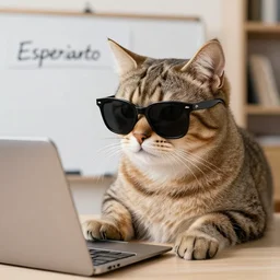 a cat in black sunglasses teaches esperanto