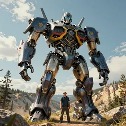 realistic physically based rendering of a giant mechanical robot at yellowstone national park by jack kirby and simon bisley, epic, awesome trendy color palette, cinematic