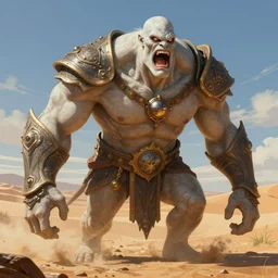 A giant with pale skin posing in a a desert, rage, realistic face, full body, fantasy art, in the style of greg rutkowski, illustration, epic, fantasy, intricate, hyper detailed, artstation, concept art, smooth, sharp focus, ray tracing, vibrant