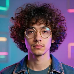 a curly - haired persian guy wearing round golden glasses, psychedelic and cyberpunk