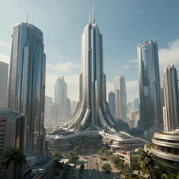 retro futuristic cityscape with skyscrapers, realistic, cinematic shot, highly details, sci - fi, fantastic, hyper realistic, futuristic