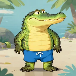 anthropomorphic alligator male in swim shorts