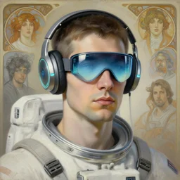 future coder looking on, cyclops visor over eyes and sleek electric headphones, bismuth gradient tech data neon accents, desaturated headshot portrait painting by dean cornwall, ilya repin, rhads, tom whalen, alex grey, alphonse mucha, donoto giancola, astronaut cyberpunk electric fashion photography