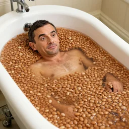 mr bean swimming in a bathtub but instead of water it is baked beans full to the brim
