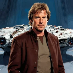 portrait closeup harrison ford hybrid han solo standing in the cockpit of the millennium falcon, confident, jim lee, brian froud, strong line, deep color, action pose, trending on artstation, octane
