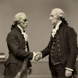 short scary alien shaking hands with george washington in an 1800s photograph