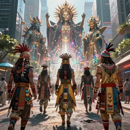 neocyberpunk in tribal regalia, on the street under skyline buildings, an idea seep's into infinity highly detailed 3 d in volumetric latent space, cinematic light, sharp focus, divine realm of gods, octane render,