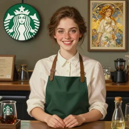 Eva Green as a very happy starbucks barista, portrait, intricate, elegant, highly detailed, digital painting, artstation, concept art, smooth, sharp focus, illustration, art by artgerm and greg rutkowski and alphonse mucha