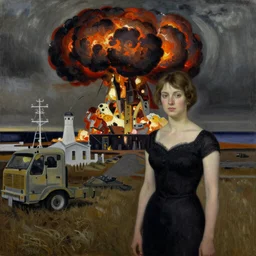 painting Christina's World by Andrew Wyeth and nuclear explosion in the background,