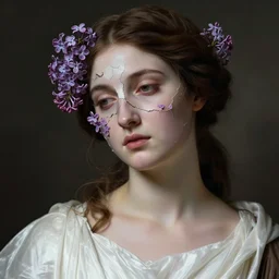 hyperrealism close - up mythological portrait of an exquisite medieval woman's shattered face partially made of lilac flowers in style of classicism, wearing white silk robe, dark palette