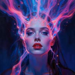 surreal painting by craig mullins and greg rutkowski, owned to see a picture with a woman's face submerged in neon plasma, 8 k, unreal engine, cinematic lighting, hyperrealism, cinematic in the style of 8 0's