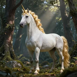 golden hair, unicorn in the woods, unreal engine
