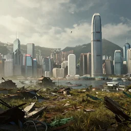 A photorealistic and highly detailed landscape of post apocalyptic Hong Kong set in the Fallout Universe