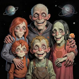 detailed image of a very happy and creepy family in the deep space by richard corben, rich deep colors. masterpiece . intricate artwork, very coherent symmetrical artwork, cinematic, hyper realism, high detail, octane render, unreal engine, 8k, Vibrant colors, Smooth gradients, High contrast, depth of field. by Katsuhiro Otomo, full body character drawing, inspired by Evangeleon, clean ink detailed line drawing, intricate detail, extremely detailed.