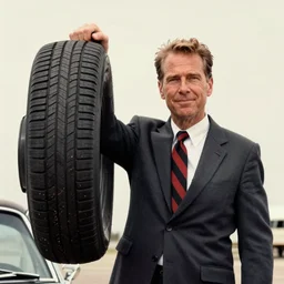 Richard Nixon holding aloft a car tire, in the style of William Blake