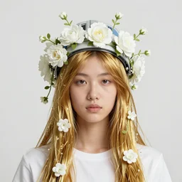 hyperrealist wonderful portrait of a 2 0 4 4 space sport engineer, it is decorated with long gold wires and white flowers that fall like vines and wears a huge computer crown. by jeremy mann and alphonse mucha, fantasy art, photo realistic, dynamic lighting, artstation, poster, volumetric lighting, dramatic light, very detailed faces, 8 k, award winning, digital art