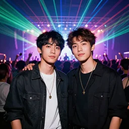 studio portrait of two friends in front of the shot partying at a concert with a crowd and lasers, hyper detailed, octane render, vivid colors, artstation, surrealism