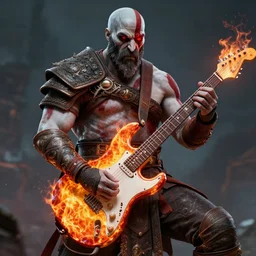 red right eye paint stripe armored screaming kratos rocking hard on a flaming stratocaster guitar, cinematic render, god of war 2 0 1 8, playstation studios official media, lightning, flames, clear, coherent, guitar