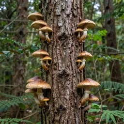 mooshrooms growing on a dead tree in the forest, canon eos r 3, f / 1. 4, iso 2 0 0, 1 / 1 6 0 s, 8 k, raw, unedited, symmetrical balance, in - frame,