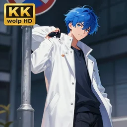 anime guy with messy blue hair and perfect face wearing white long jacket leaning on a street sign, aesthetic, wlop, digital painting, trending on artstation, highly detailed, epic composition, official media, 8 k uhd