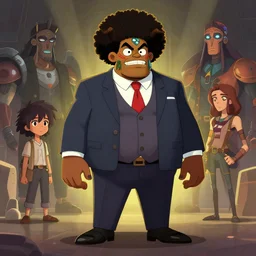 overweight afrofuturist tribal afrika villain in business suit, Video game character design , 2d game fanart behance hd by Jesper Ejsing, by RHADS, Makoto Shinkai and Lois van baarle, ilya kuvshinov, rossdraws global illumination