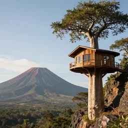 a modern treehouse made on the side of a cliff in madagascar, baobab tree, next to an enormous volcano, artstation, an epic fantasy, cinematic lighting, photographic, hyper realistic, photographic, sharp focus, by greg rutkowski and wolp