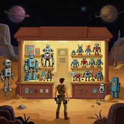 in front of a store selling robots and robot parts, in a remote outpost, on an alien planet, from a space themed point and click 2 d graphic adventure game, set design inspired slightly by ( ( ( ( tomb raider ) ) ) ), art inspired by ( thomas kinkade ) and mark keathley