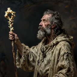 profile view, a necromancer with a staff casts a spell that reveals the secret of life the universe and everything, dirty linen robes, staff of bones, grizzled bearded withered man by jessica rossier and hr giger